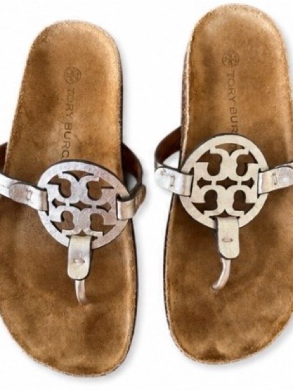 Tory Burch Metallic Silver Logo Thong Sandals with Brown Suede Footbed